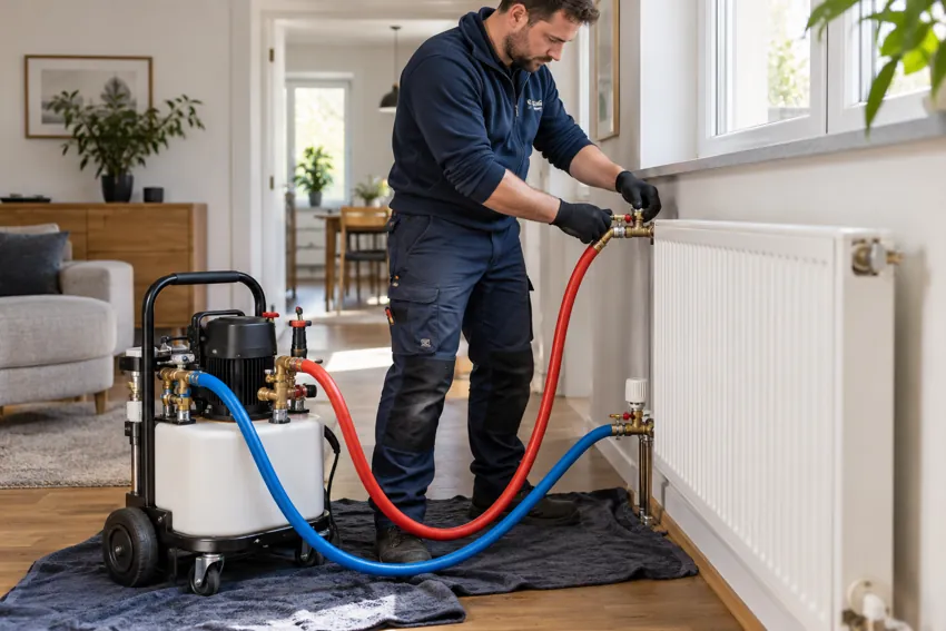 Machine de désembouage et flexibles raccordés à un circuit de radiateur
