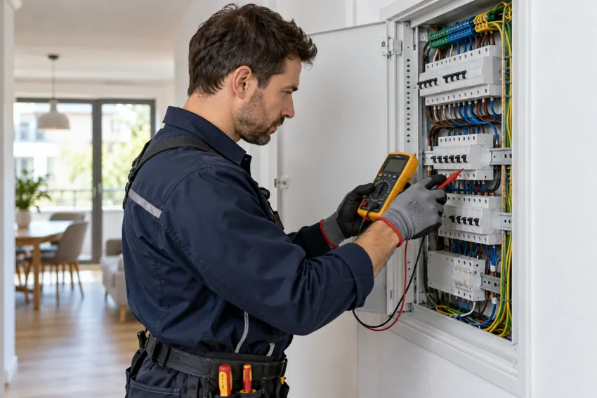 Électricien contrôlant un tableau électrique avec un appareil de mesure